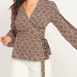 Floral-Print Tie-Belt Wrap Blouse